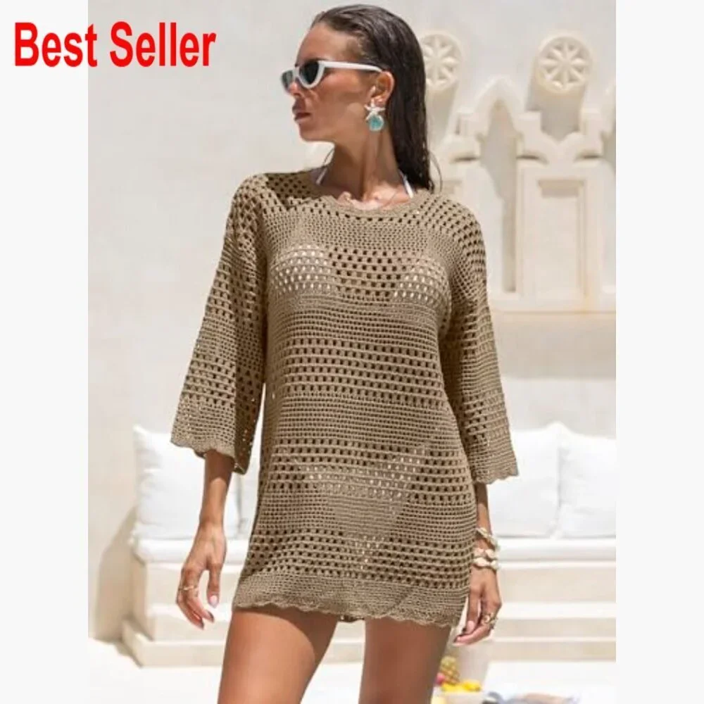 Crochet Mesh Knit Swimsuit Cover Up Mini Dress 3/4 Sleeve
